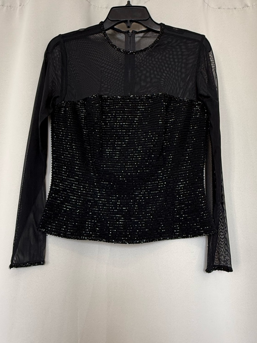 Oleg Cassini Black Tie Black Sheer Long-Sleeve Sequin Top